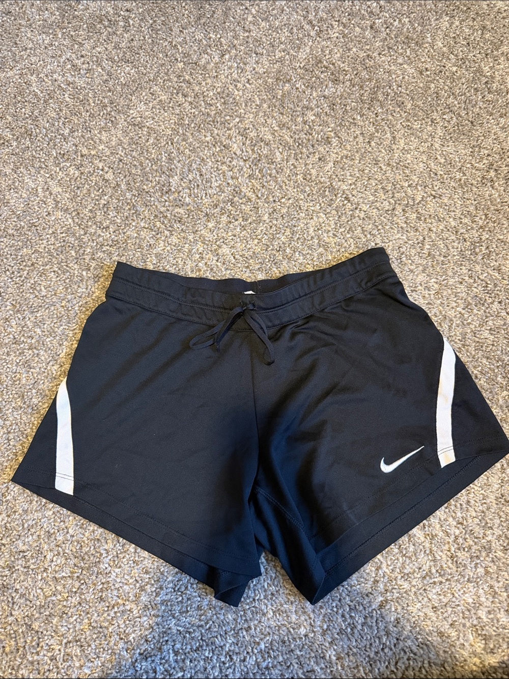 Nike Women's Black Athletic Shorts with White Side Stripes and Swoosh